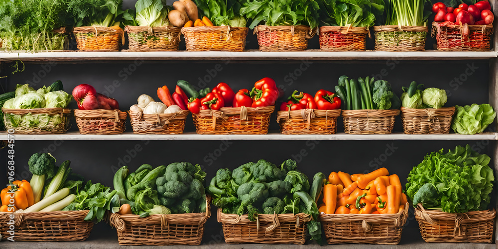 fresh vegetables in basket on shelf in supermarket. - obrazy, fototapety, plakaty 