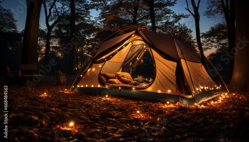 Camping in nature, tent glowing, fire illuminates beautiful landscape generated by AI