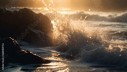 Sunset waves splashing on the tranquil coastline, a summer beauty generated by AI