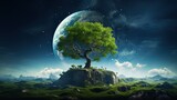 A tree growing on a green planet, symbolizing sustainability and environmental responsibility