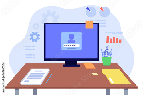 Desk with big computer monitor, documents, post-it note, pencil, office plant. Flat vector illustration. Modern office workplace concept