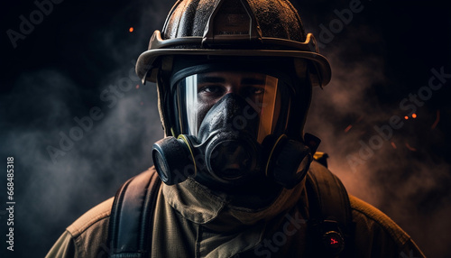 One person in protective workwear and mask fighting fire generated by AI