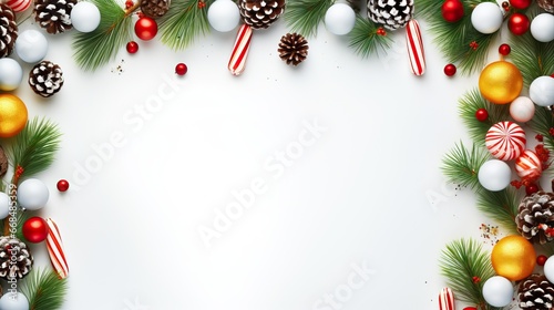 Christmas and New Year background with green spruce branches, white banner, top view, copy space 