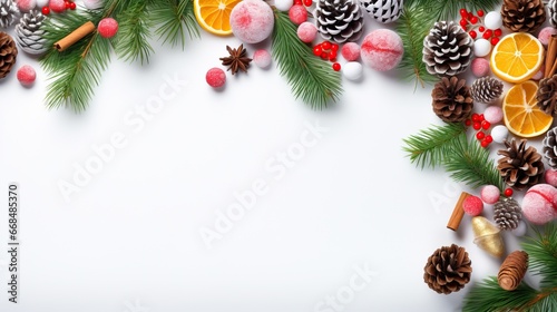 Christmas and New Year background with green spruce branches  white banner  top view  copy space 