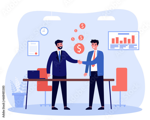 Two business men shaking hands in office. Flat vector illustration. Partnership, agreement, profit, business meeting concept