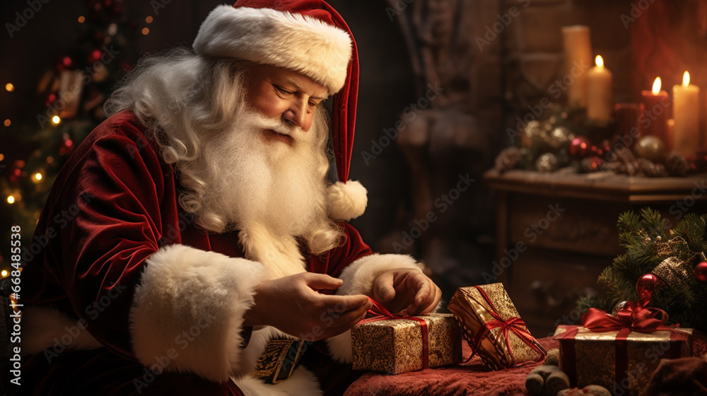 Santa Claus wrapping a gift box. Christmas and New Year concept. Santa Claus wrapping a gift box. Christmas and New Year concept.