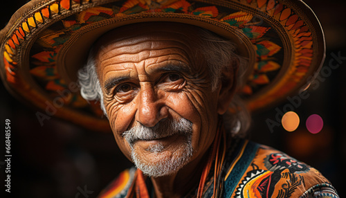 Smiling senior man in traditional clothing, looking at camera generated by AI