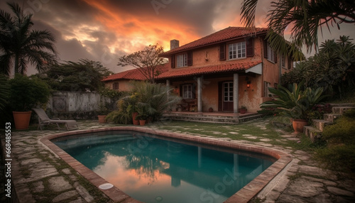 Luxury bungalow, palm trees, sunset, swimming pool, tropical paradise generated by AI © Stockgiu