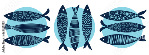A set of decorative hand drawn fish different shapes, colors and ornaments.