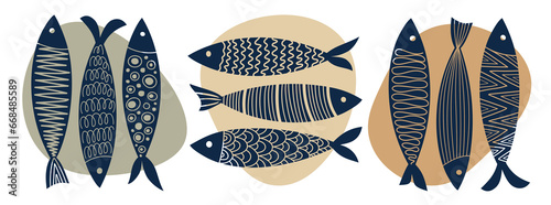 Collection of vector hand-drawn cute fish in flat style. Fish body, vector icons. Vector illustration for icon, logo, print, icon, pattern.