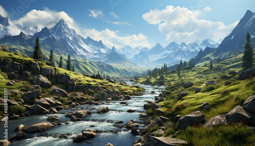 Majestic mountain range reflects tranquil meadow in springtime generated by AI