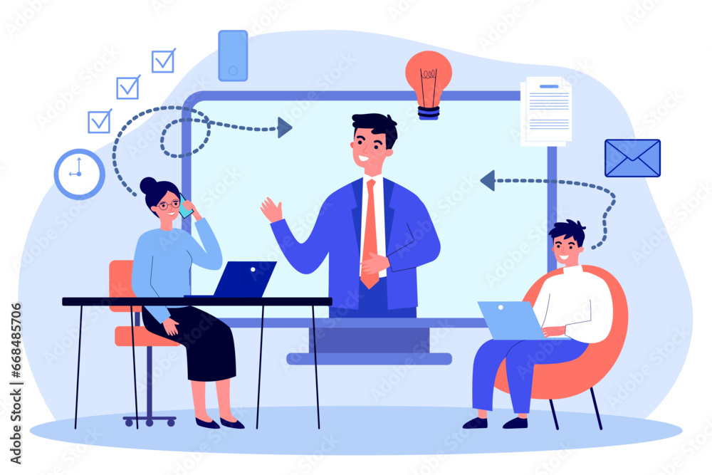 Colleagues using different devices and gadgets for communication. Flat vector illustration. Smartphone, video conference, emailing, message system. Modern technology, corporate communication concept