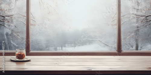 Mug of hot drink and winter window sill  Frozen snowy winter scene through window  Empty wood table top on blur window view with pine tree in snow fall of morning genertive ai