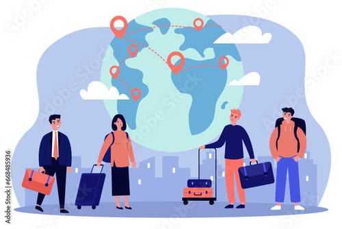 People with suitcases looking for places for migration. Flat vector illustration. Globe with destination points. Migration crisis, increased migration concept