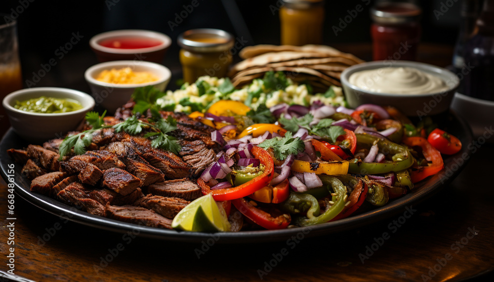 Grilled meat on plate, fresh salad, healthy homemade appetizer generated by AI
