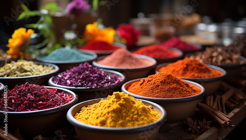 Vibrant colors of Indian culture in a multi colored spice bowl generated by AI