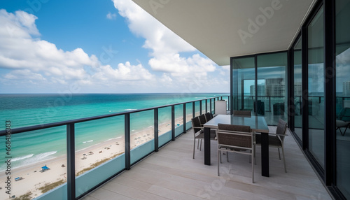 Modern chair on balcony overlooking tranquil tropical coastline and water generated by AI © Stockgiu