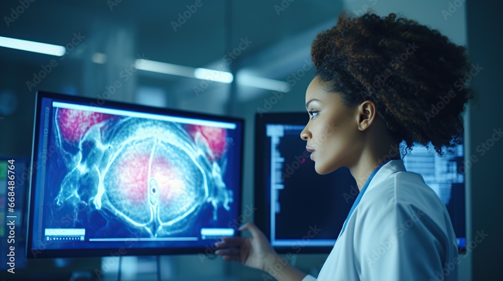 Medical Science Hospital: Neuroscientist Looks at TV Screen with MRI Scan with Brain Images. Health Clinic Lab:Professional Physicians Look at Functioning CT Scan Find Treatment. Generative AI Medical Science Hospital: Neuroscientist Looks at TV Screen with MRI Scan with Brain Images. Health Clinic Lab:Professional Physicians Look at Functioning CT Scan Find Treatment. Generative AI