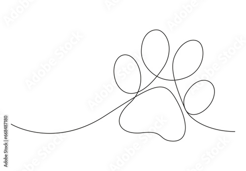Pet paw print single continuous line drawing. Dog or cat footprint. Isolated on white background vector illustration. Premium vector. 