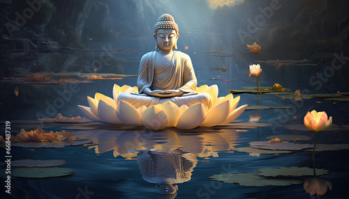 Glowing golden buddha and a big white lotus on water