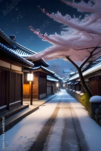 AI Generated snow and cherry blossoms, japanese traditional house