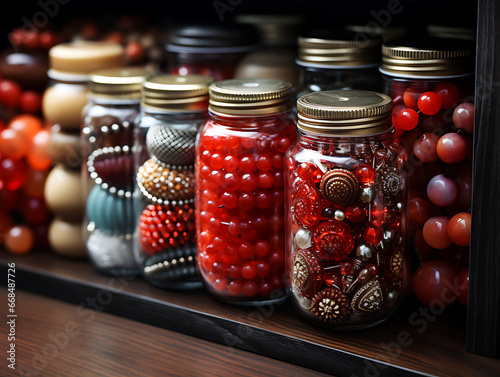 Craft Cabinet with Beads and Spools: Focus on Red Beads
