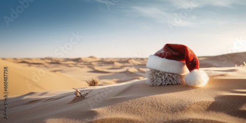 Close up of Santa's hat on a sand dune in the middle of the desert. Sunny day and blue sky.