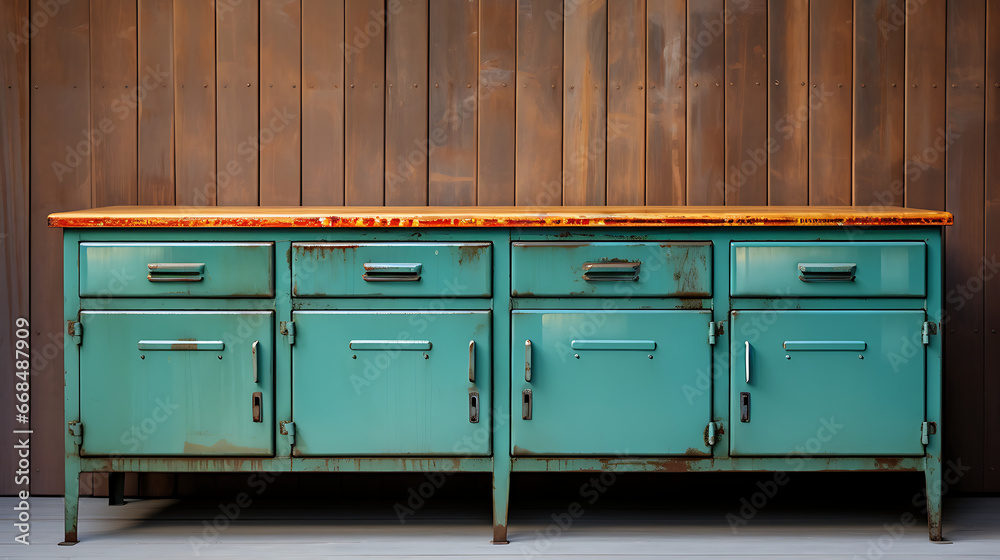 Fototapeta premium Vintage Metal Kitchen Cabinet with Enamel Finish