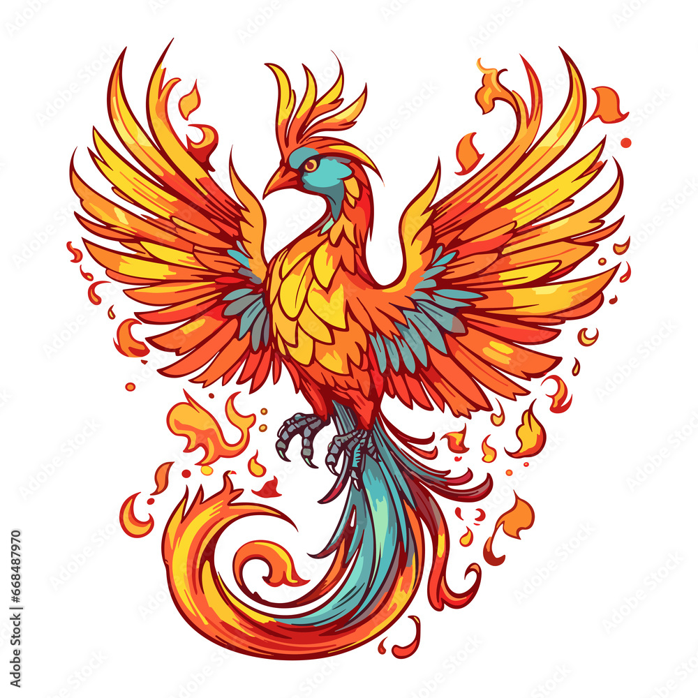 Fototapeta premium Majestic phoenix rising from the ashes with fiery plumage and wings spread wide sticker design, rebirth.