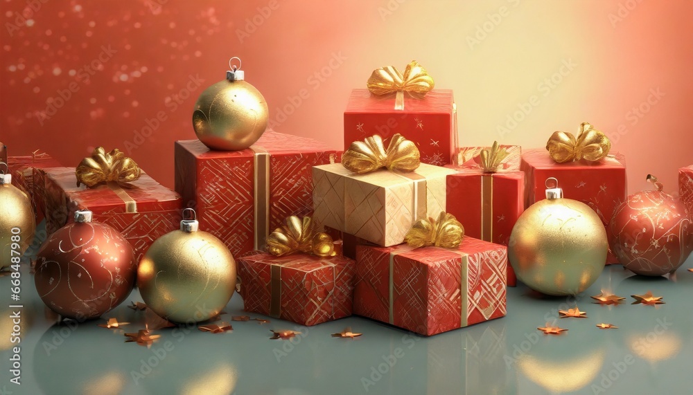  Christmas balls and gift boxes; concept of new year celebration, xmas present, holiday, Chinese New Year.