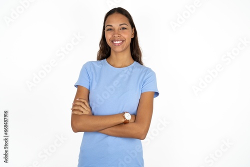 Dreamy rest relaxed young beautiful woman crossing arms,