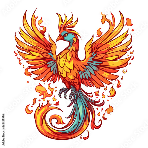Majestic phoenix rising from the ashes with fiery plumage and wings spread wide sticker design, rebirth.