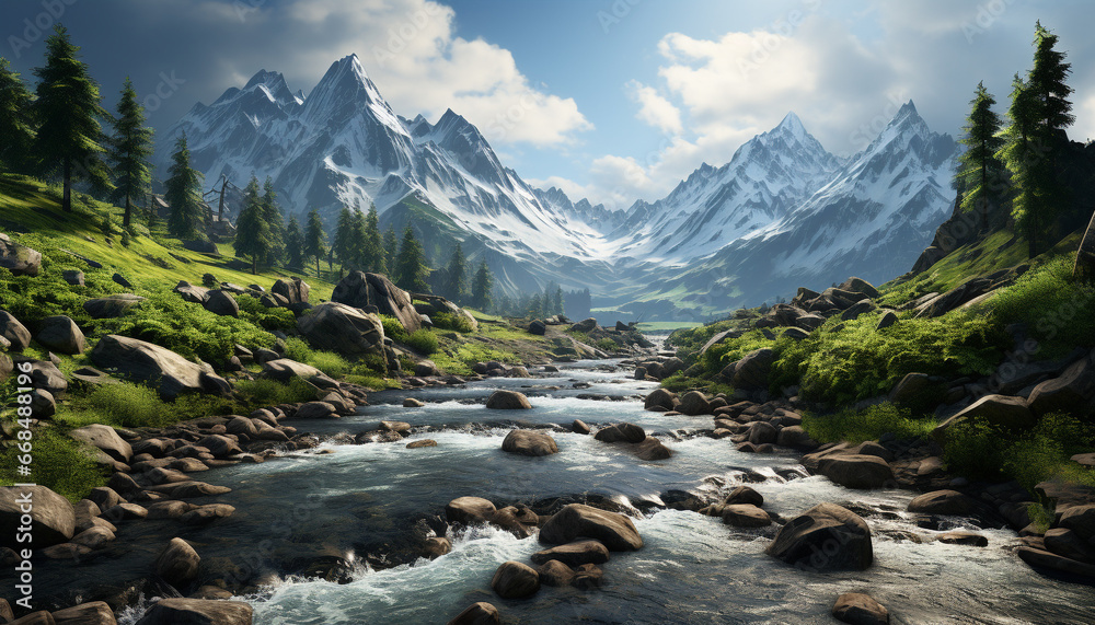 Majestic mountain peak reflects in tranquil flowing water, breathtaking beauty generated by AI