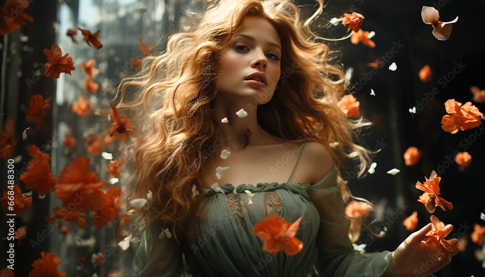 Young woman enjoying the beauty of nature in autumn generated by AI Young woman enjoying the beauty of nature in autumn generated by AI