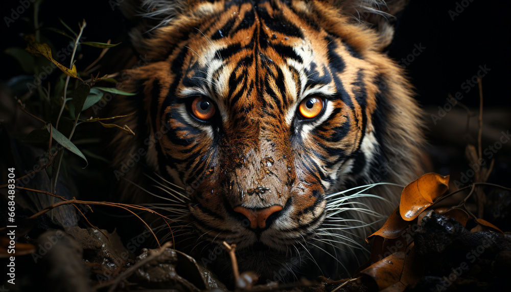 Majestic tiger stares, its beauty captivating in the wild generated by AI