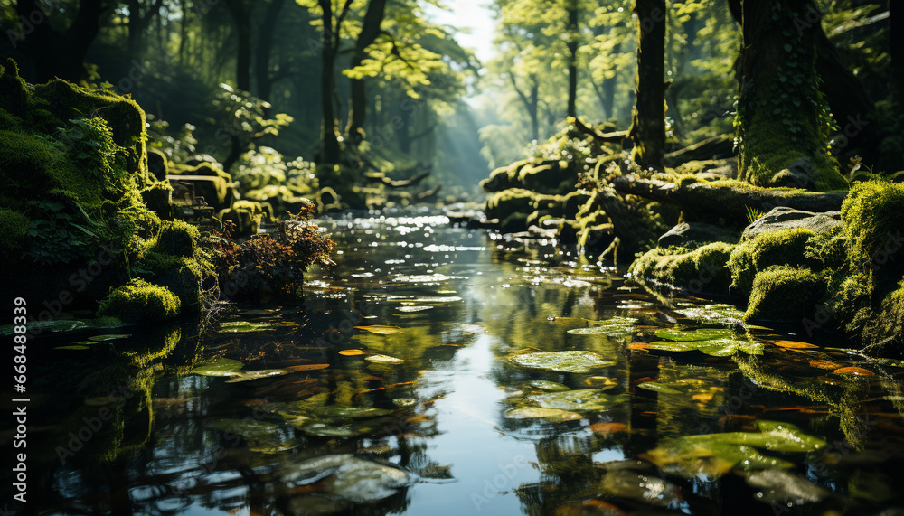 Tranquil scene autumn forest, green trees, flowing water, reflecting beauty generated by AI Tranquil scene autumn forest, green trees, flowing water, reflecting beauty generated by AI
