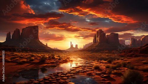 Majestic sandstone monument valley reflects natural beauty at sunset generated by AI © Jemastock