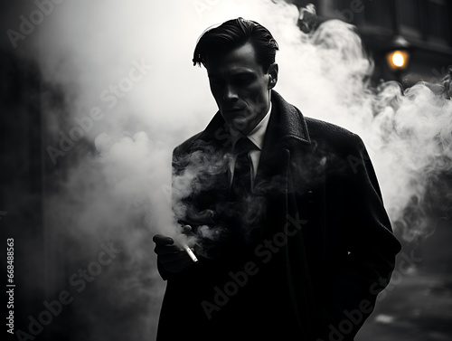 Man in Trench Coat Smoking (Black and White)