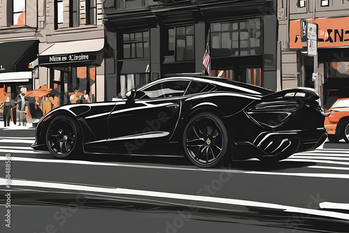 A city scene featuring a sleek black sports car