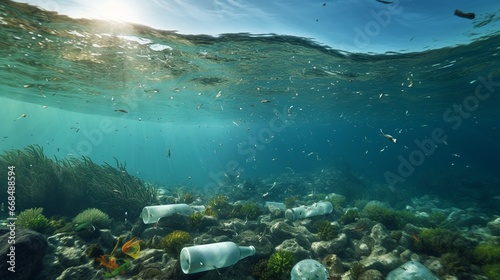 Plastic water bottle waste pollution pollutes the sea. World environment day concept