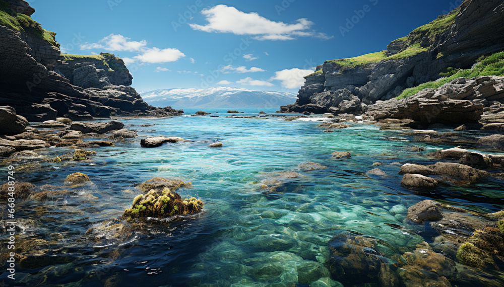 Idyllic summer coastline, majestic mountain, tranquil waters, green forest generated by AI