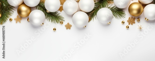 Elegant Christmas Banner with White and Gold Ornaments, Pine Branches, and Festive Decorations on a White Background - Luxury Holiday Design Concept