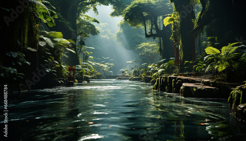Tranquil scene green forest, flowing water, mysterious underwater beauty generated by AI