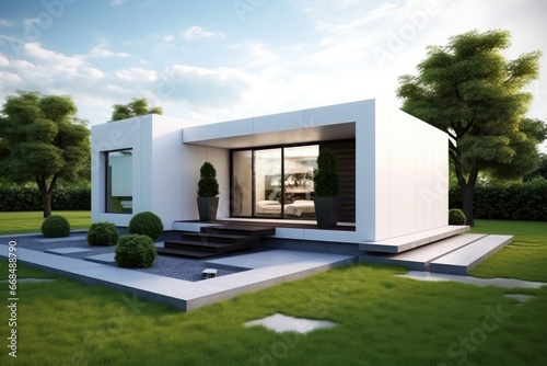 A modern minimalist house with green lawn © Kien
