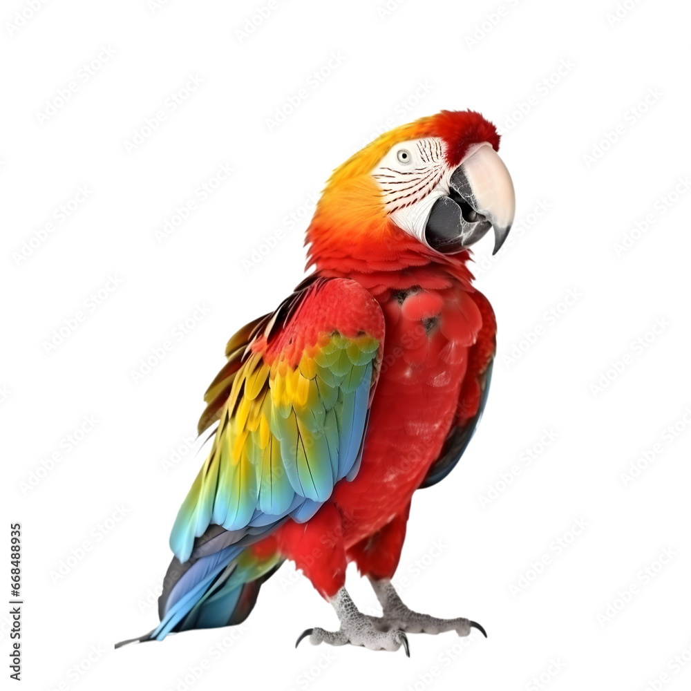 front view, Close up of a red, blue Macaw isolated on transparent back ground, facing to camera. 