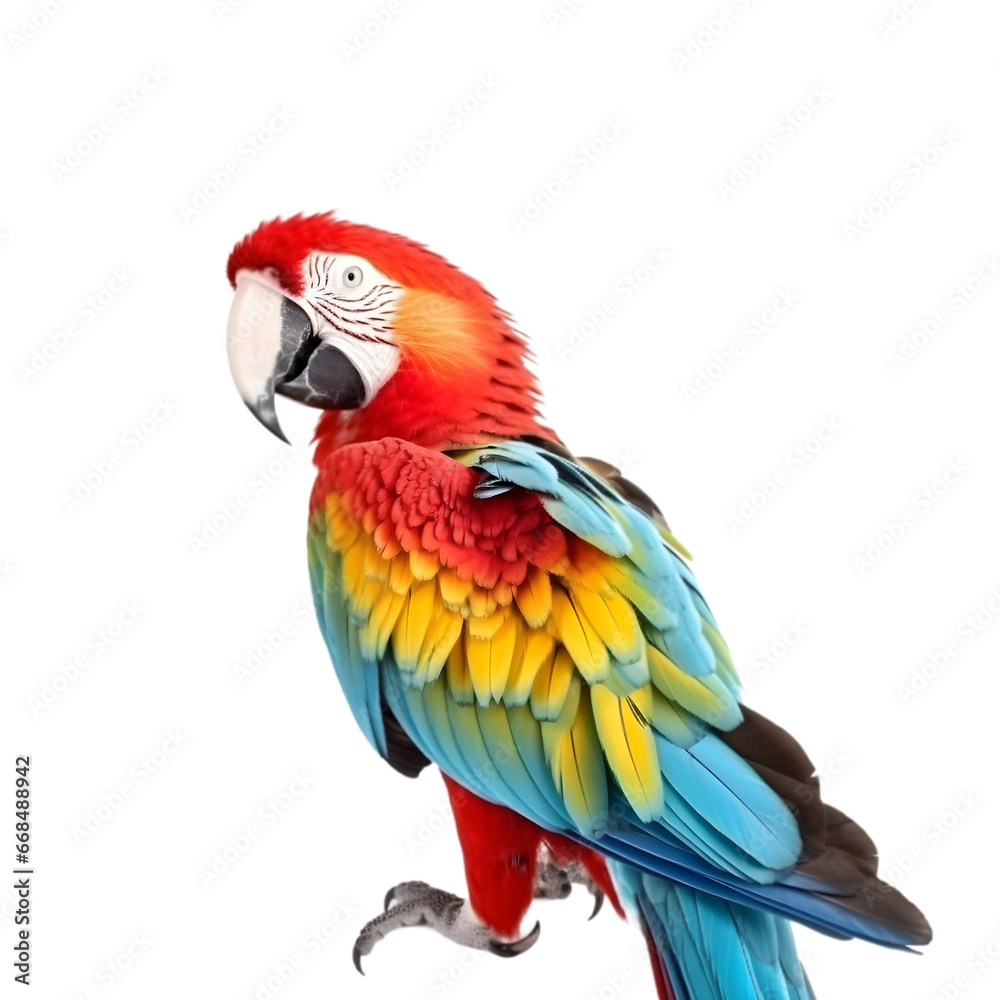Close up of a colorful Macaw isolated on transparent back ground, looking back to camera. 