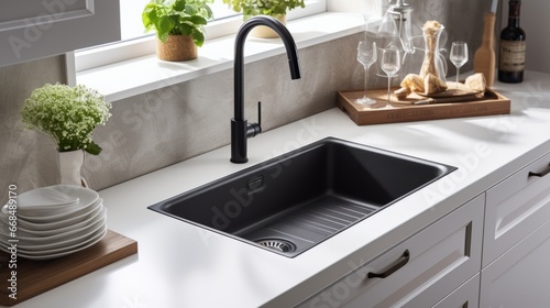 closeup pantry kitchen sink home interior design detail with fresh vegetable and raw food clean and comfort home interior concept photo