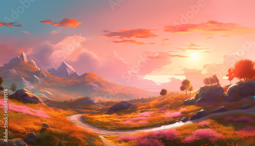 Majestic mountain peak, tranquil meadow, colorful autumn tree, serene sunset generated by AI