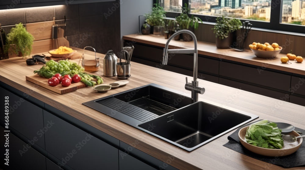 closeup pantry kitchen sink home interior design detail with fresh vegetable and raw food clean and comfort home interior concept