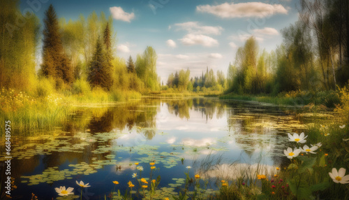Tranquil scene of a green meadow, reflecting in a peaceful pond generated by AI © Stockgiu